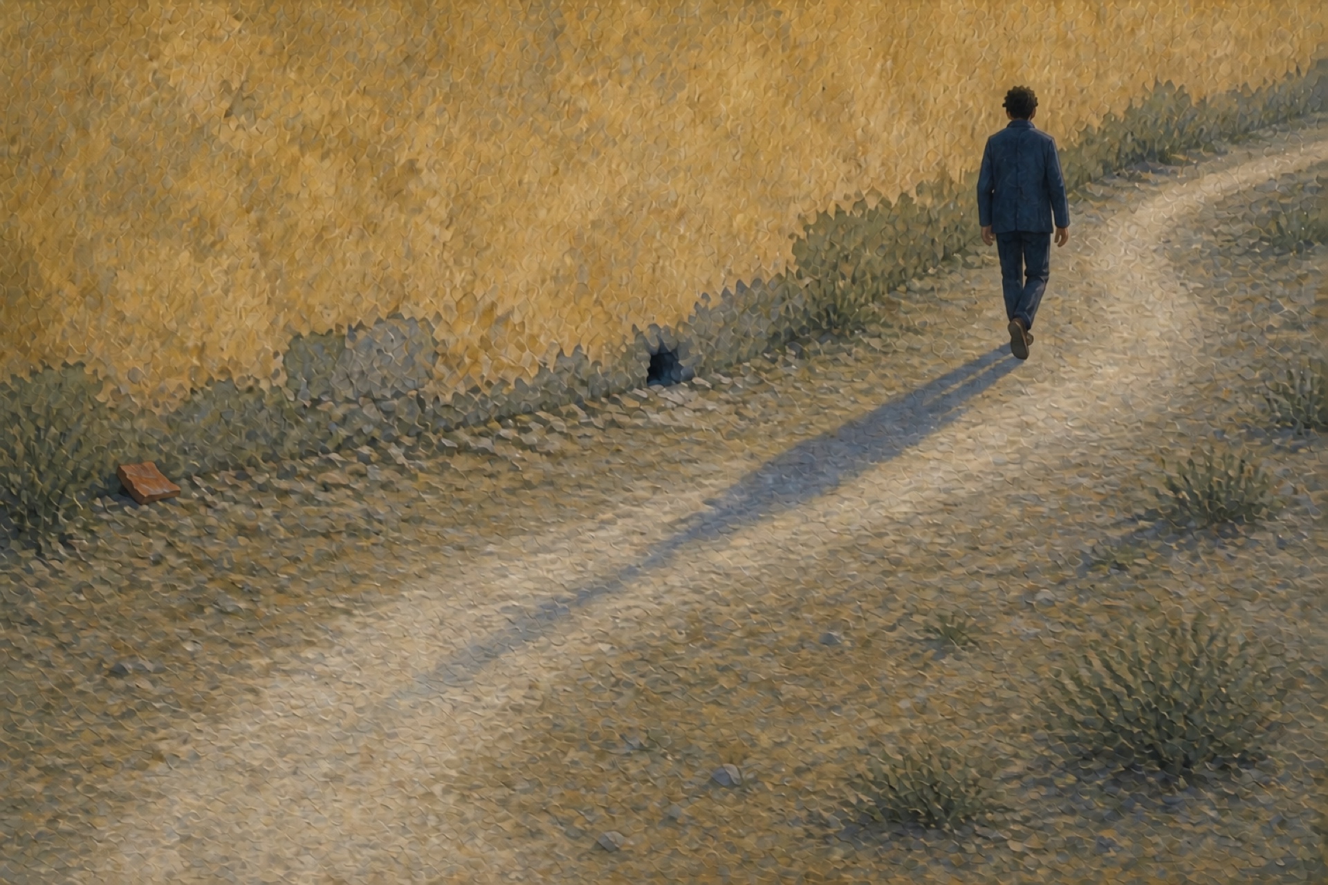 A painting of a lone figure walking a dusty path that curves away from a hole at the base of a wall