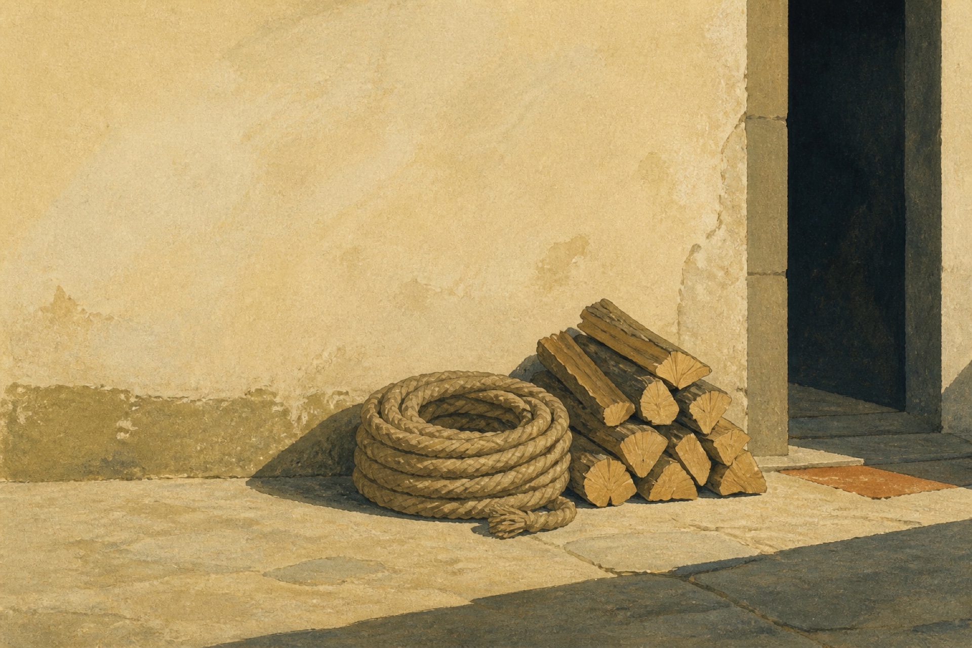 A painting of a coiled rope and a bundle of firewood beside a doorway