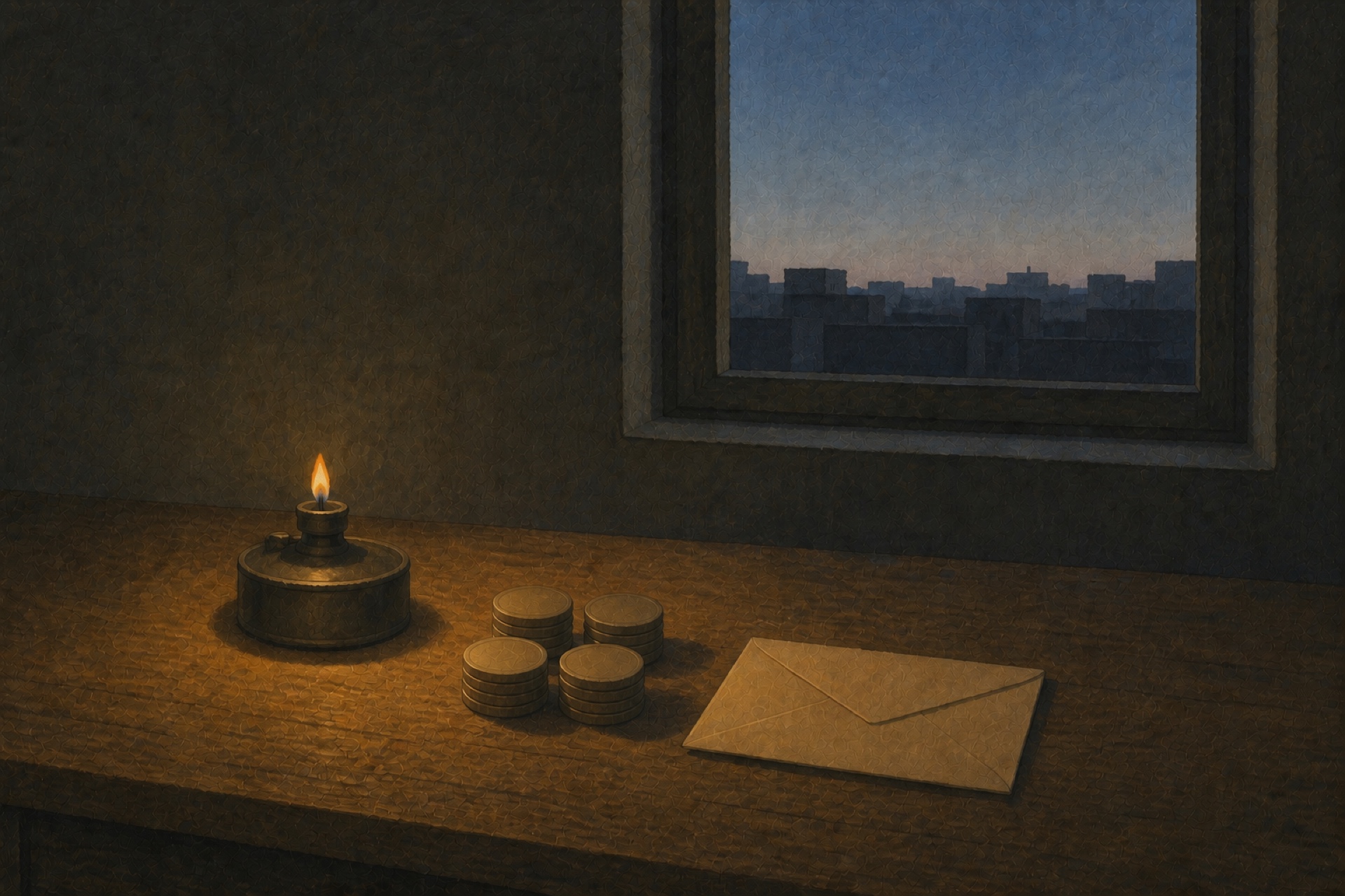 A painting of an oil lamp burning before dawn beside stacked coins and a sealed envelope