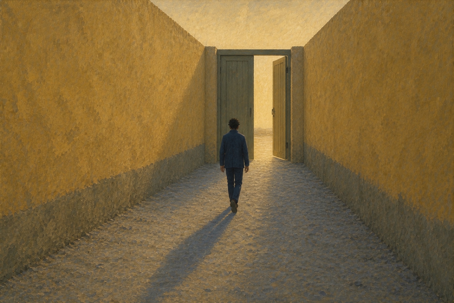 A painting of a lone figure walking down a narrow lane toward a gate standing ajar