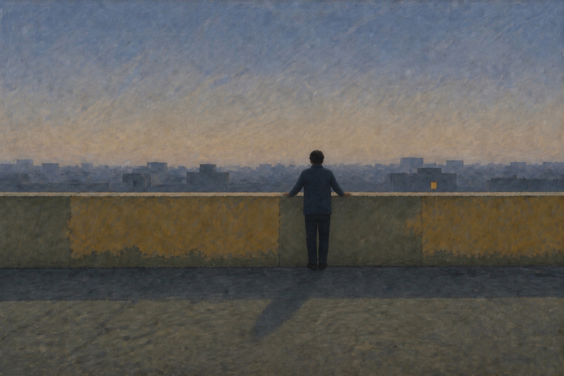 A painting of a lone figure at a rooftop parapet at dusk, looking out over the city