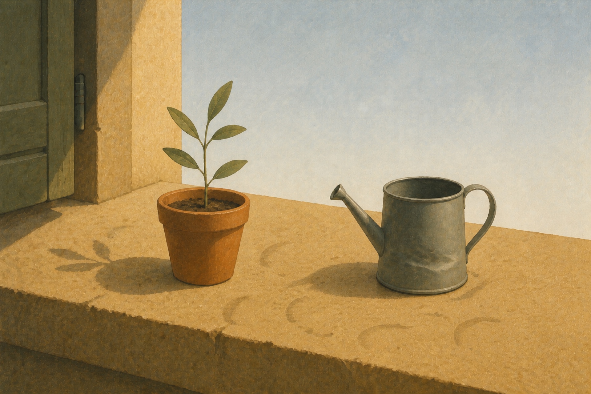 A painting of a young plant in a clay pot and a small watering can on a stone ledge marked with faint water rings