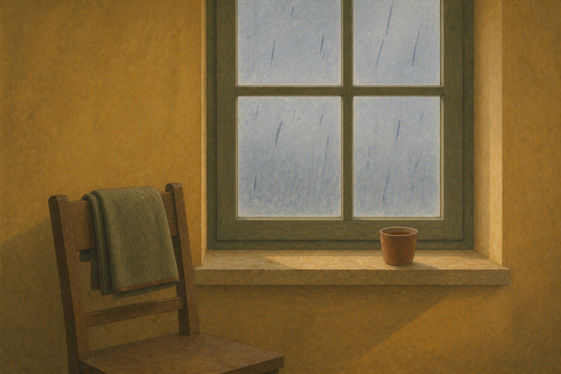 A painting of an empty chair with a folded shawl beside a rain-streaked window
