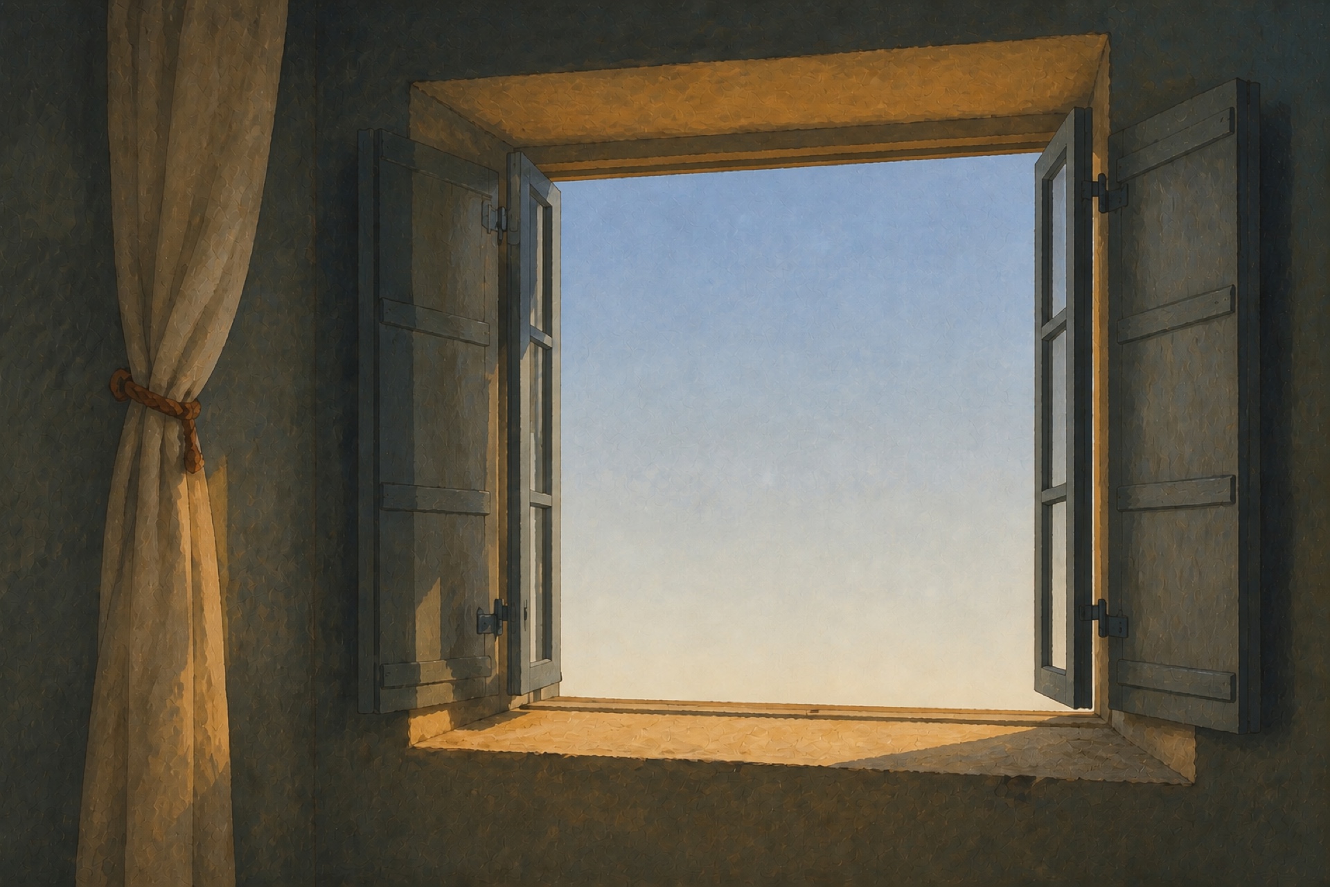 A painting of an open window, curtain tied back, looking onto a dawn sky