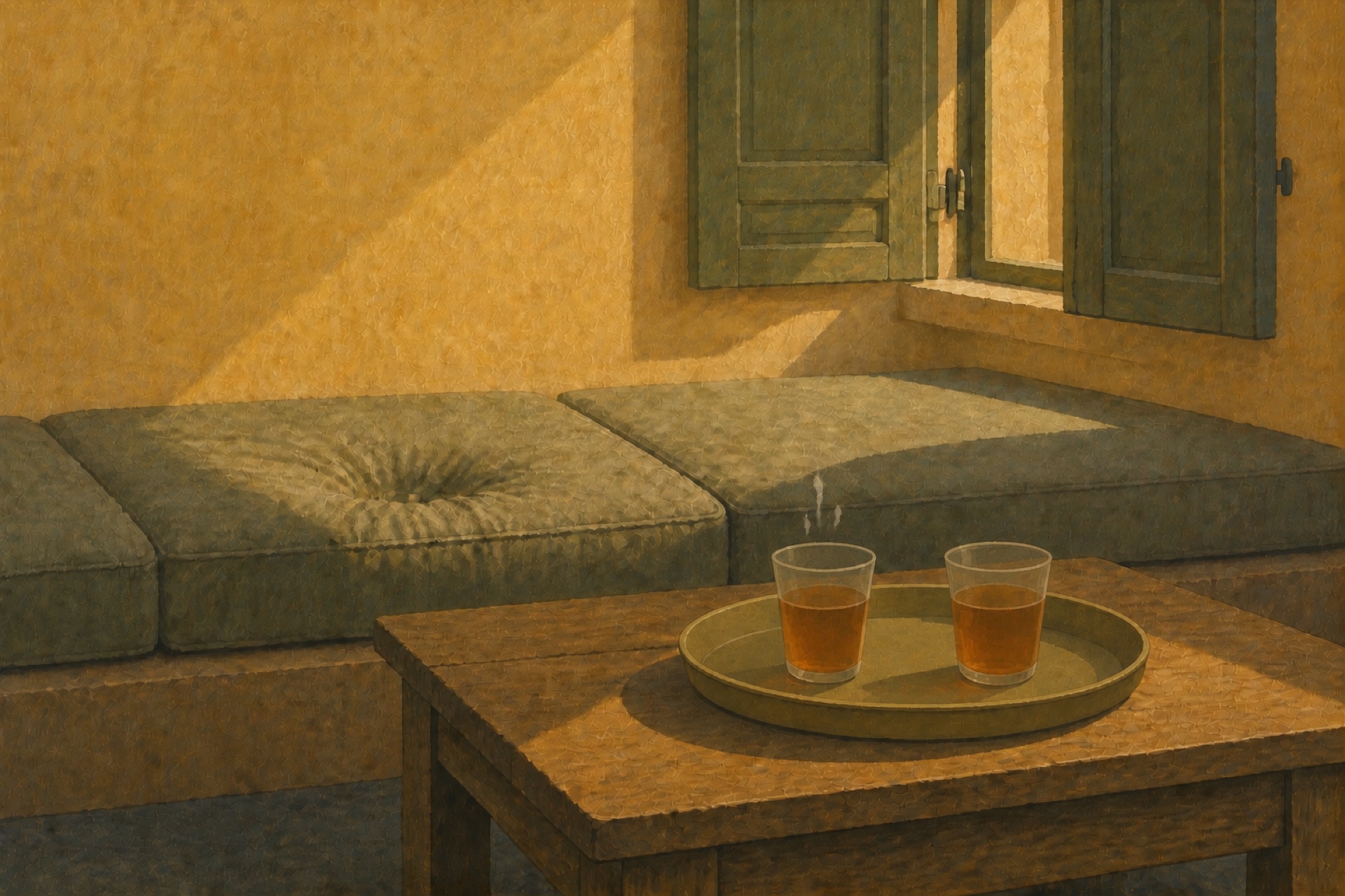A painting of two glasses of tea on a tray beside a cushioned bench in afternoon light